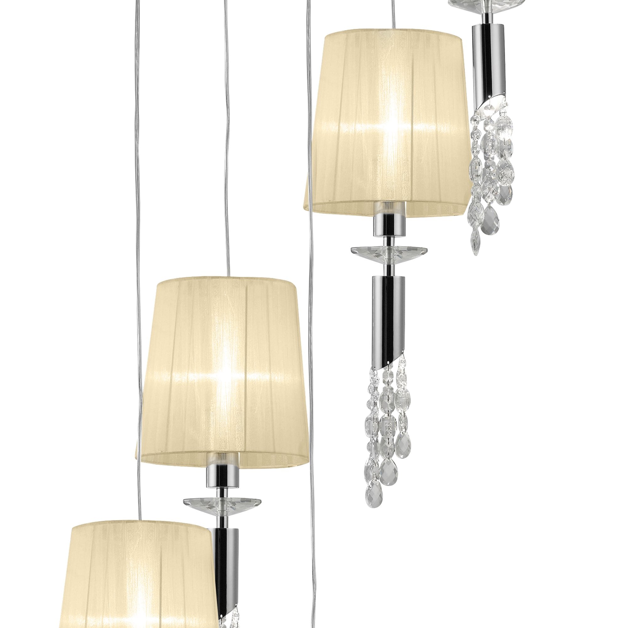 M3857/CS Tiffany Pendant 5+5 Light E27+G9 Spiral Polished Chrome Cream Shades & Clear Crystal