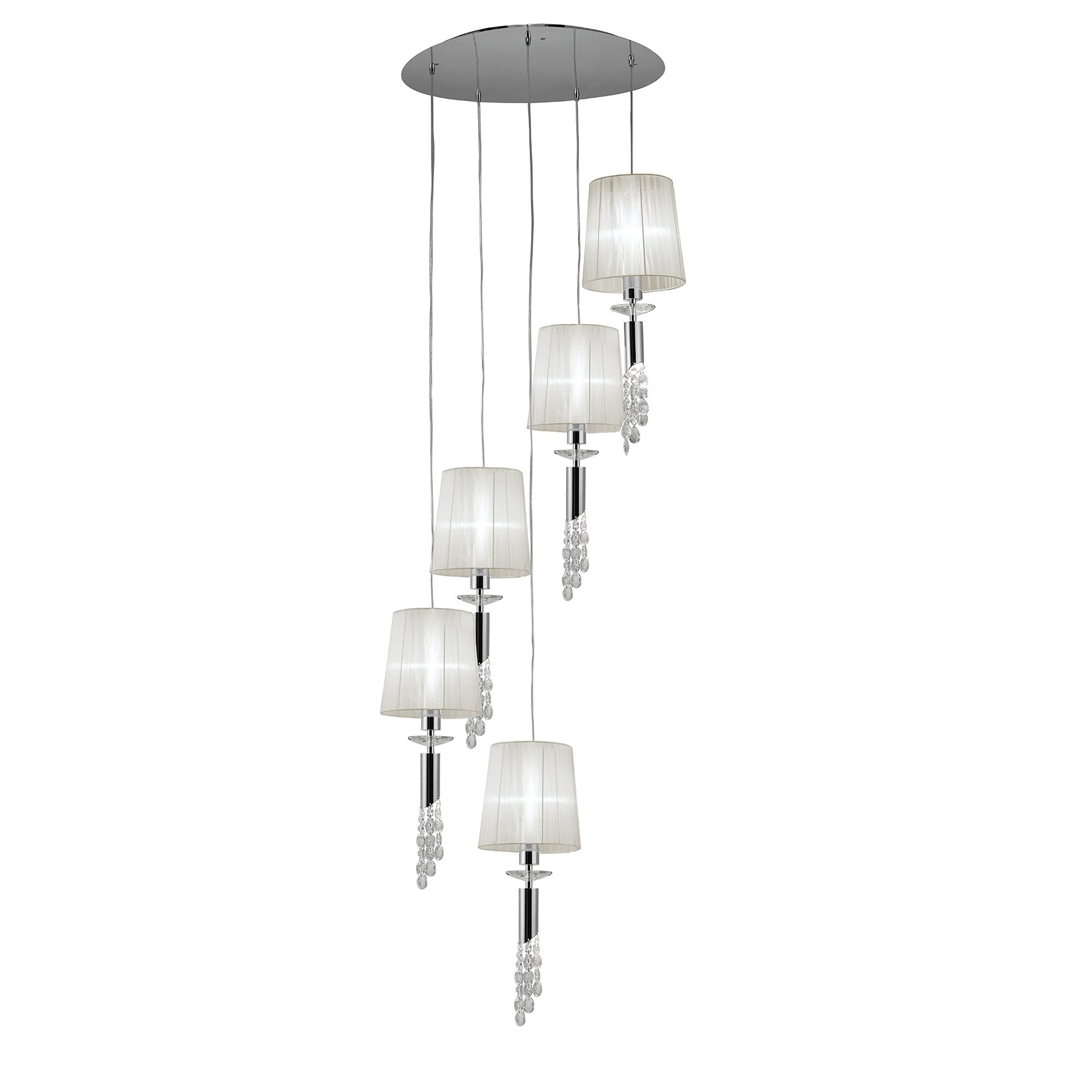 M3857 Tiffany Pendant 5+5 Light E27+G9 Spiral Polished Chrome White Shades & Clear Crystal