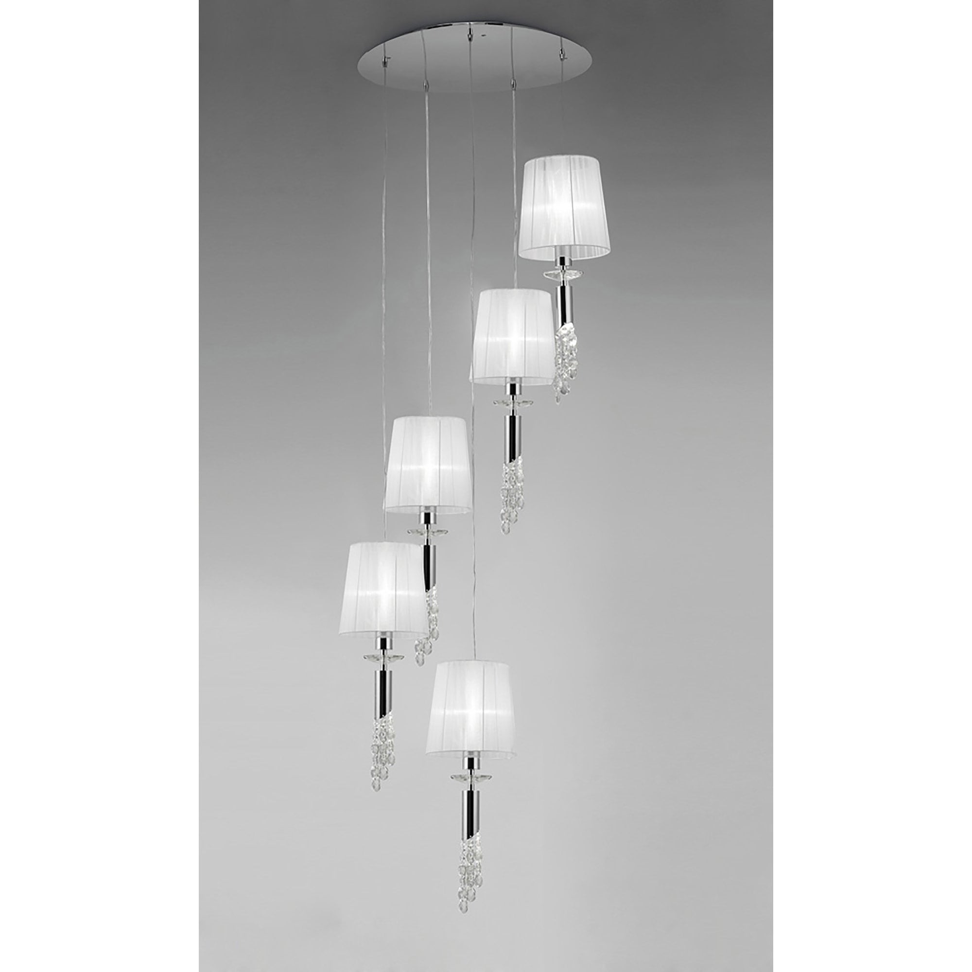 M3857 Tiffany Pendant 5+5 Light E27+G9 Spiral Polished Chrome White Shades & Clear Crystal
