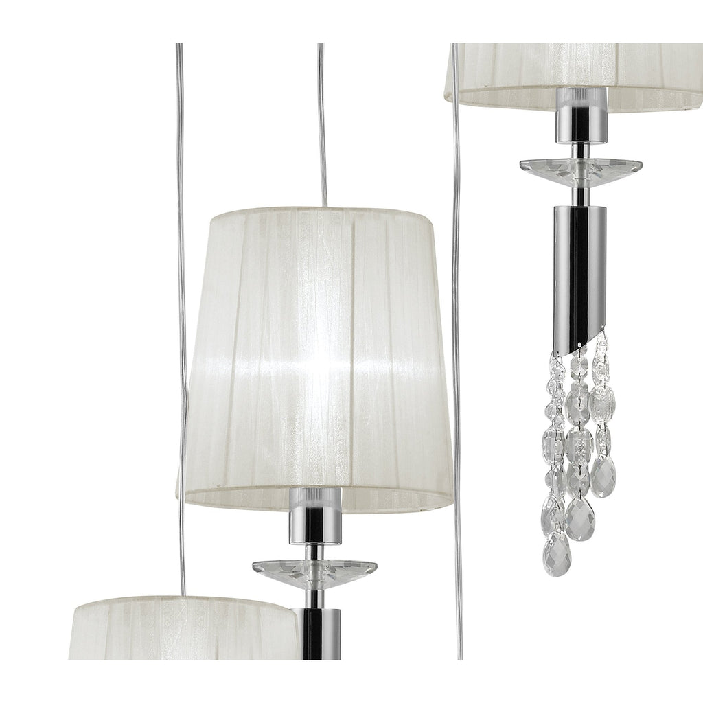 M3857 Tiffany Pendant 5+5 Light E27+G9 Spiral Polished Chrome White Shades & Clear Crystal