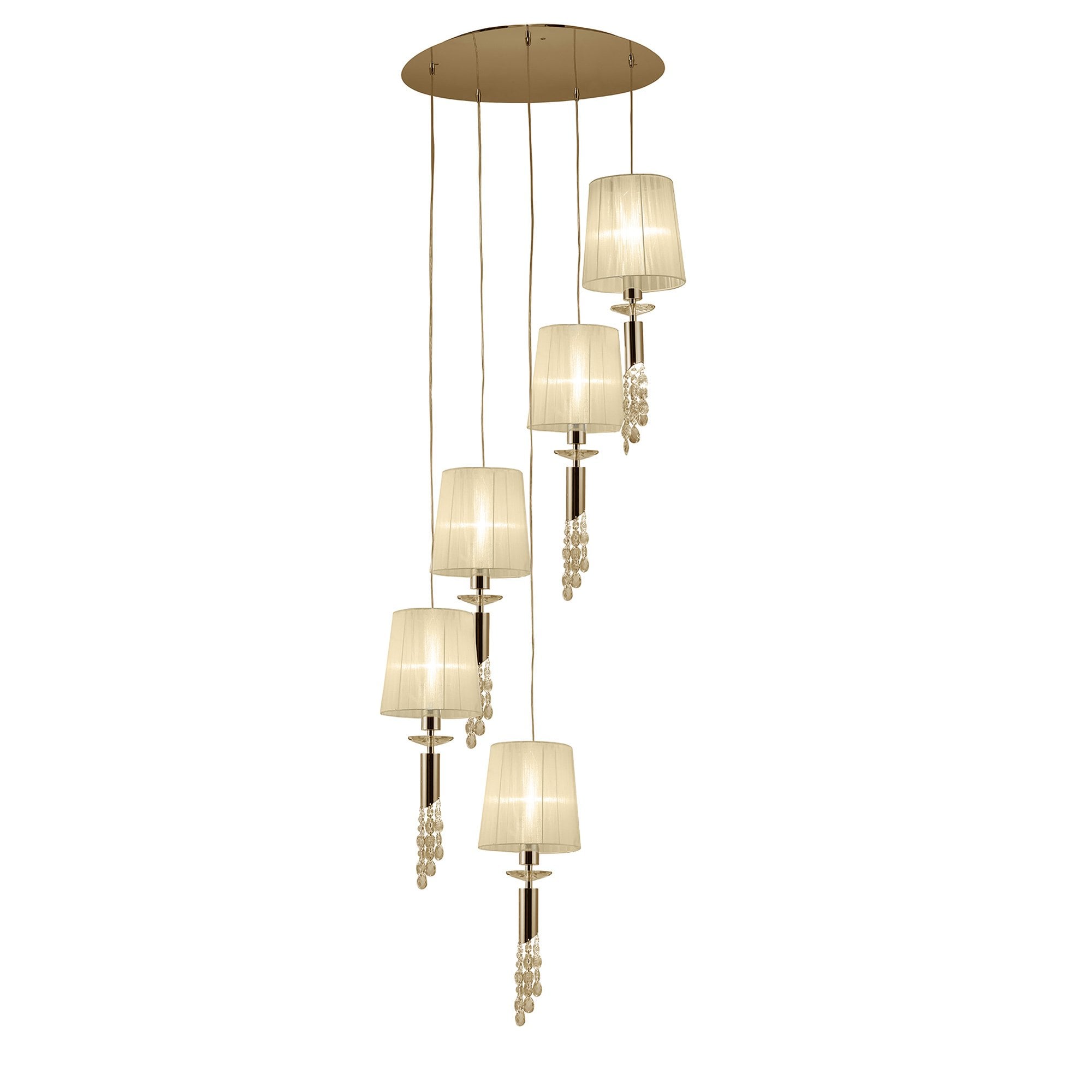 M3857FG Tiffany Pendant 5+5 Light E27+G9 Spiral French Gold Cream Shades & Clear Crystal