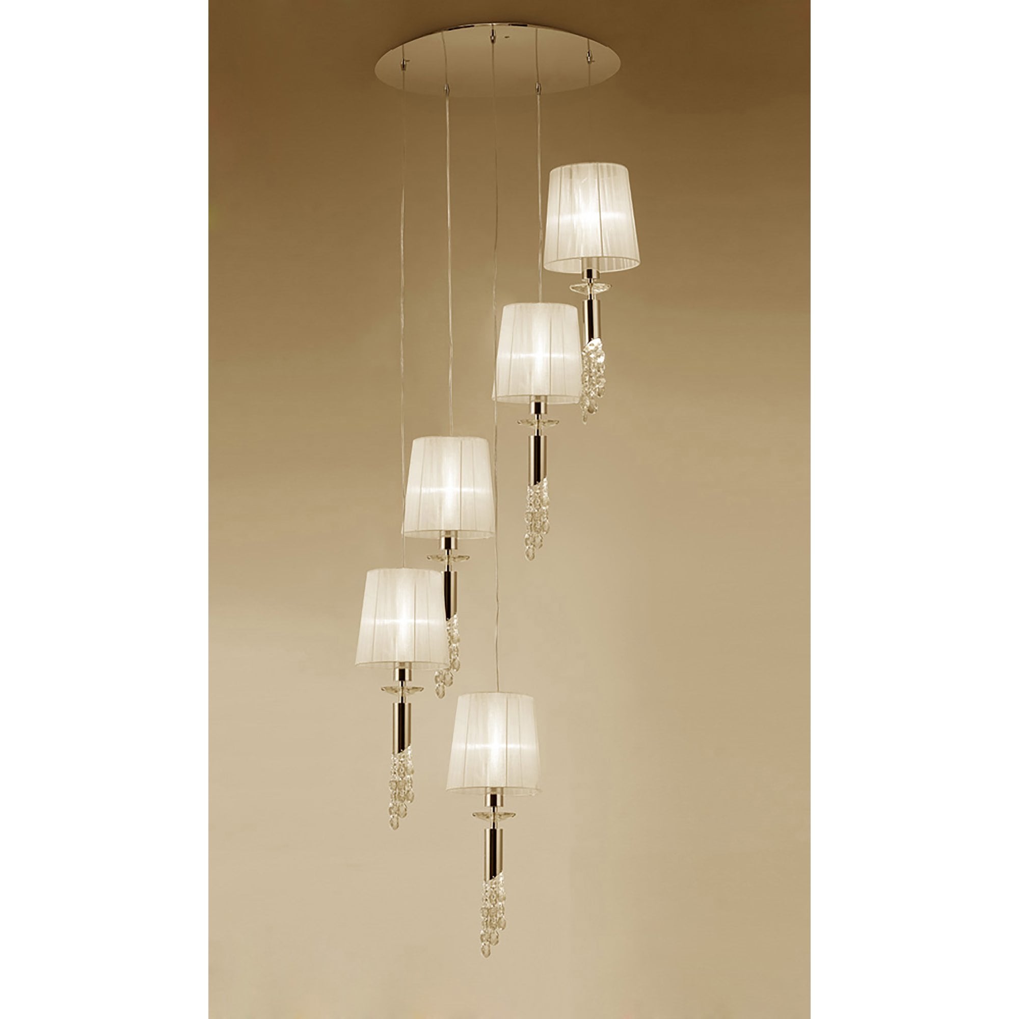M3857FG Tiffany Pendant 5+5 Light E27+G9 Spiral French Gold Cream Shades & Clear Crystal