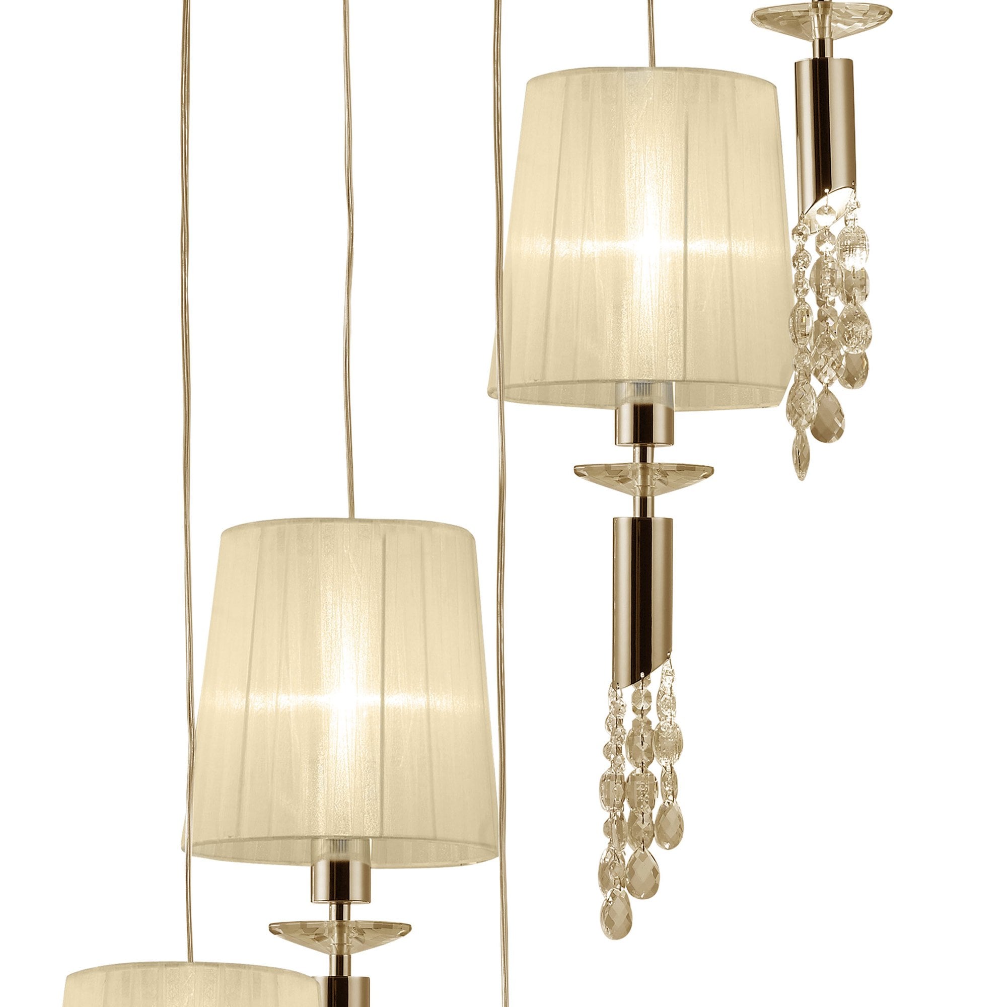 M3857FG Tiffany Pendant 5+5 Light E27+G9 Spiral French Gold Cream Shades & Clear Crystal