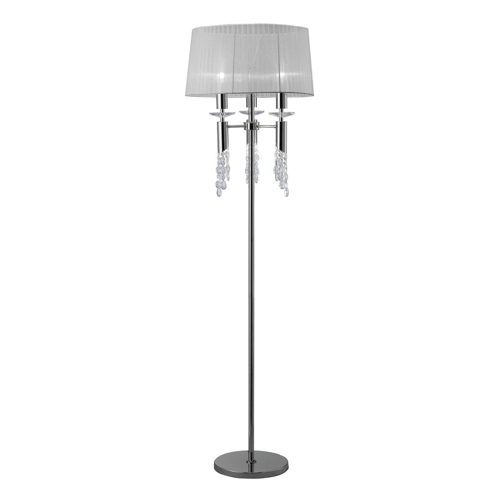 M3869 Tiffany Floor Lamp 3+3 Light E27+G9 Polished Chrome White Shade & Clear Crystal
