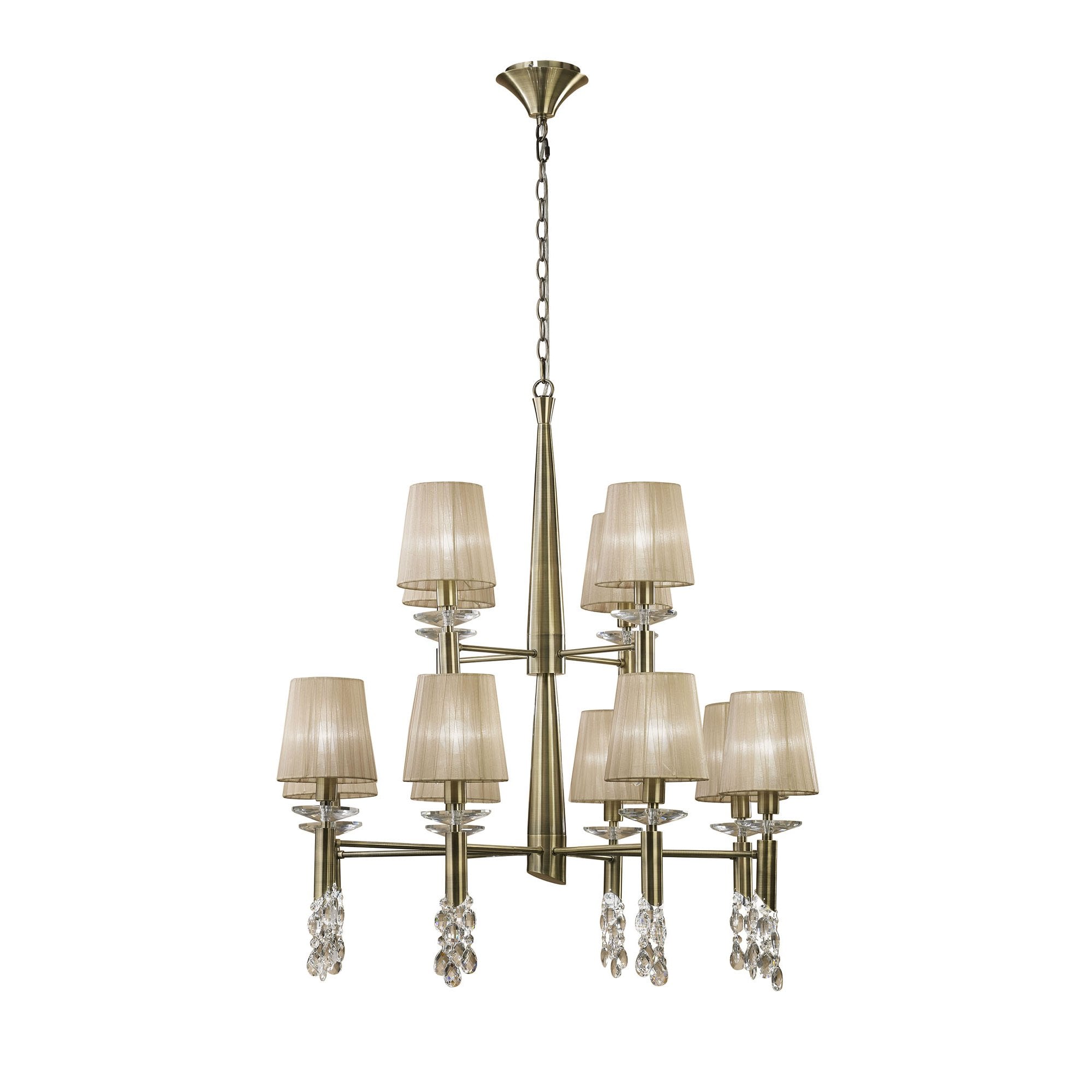 M3870 Tiffany Pendant 2 Tier 12+12 Light E14+G9 Antique Brass Soft Bronze Shades & Clear Crystal