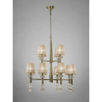 M3870 Tiffany Pendant 2 Tier 12+12 Light E14+G9 Antique Brass Soft Bronze Shades & Clear Crystal