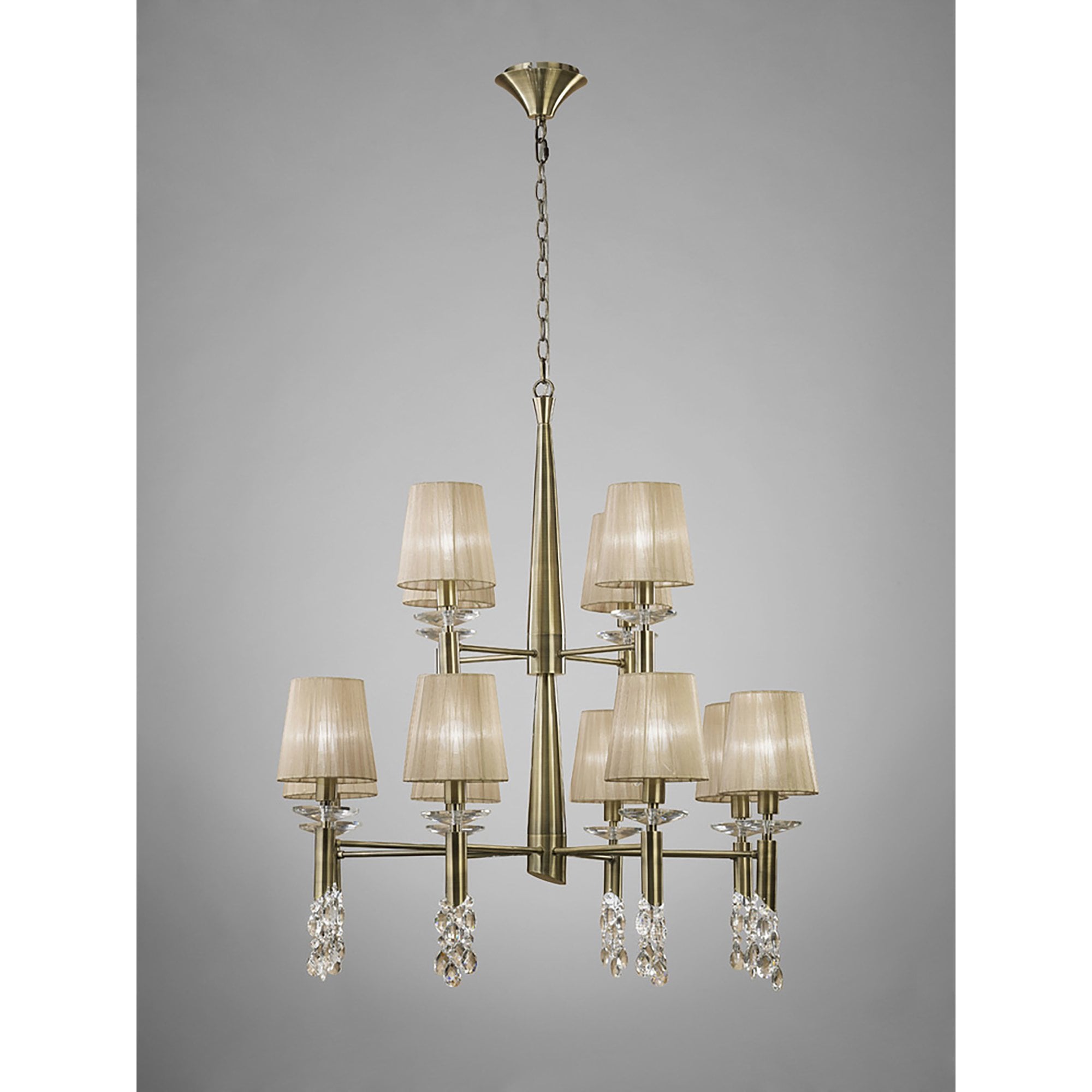M3870 Tiffany Pendant 2 Tier 12+12 Light E14+G9 Antique Brass Soft Bronze Shades & Clear Crystal
