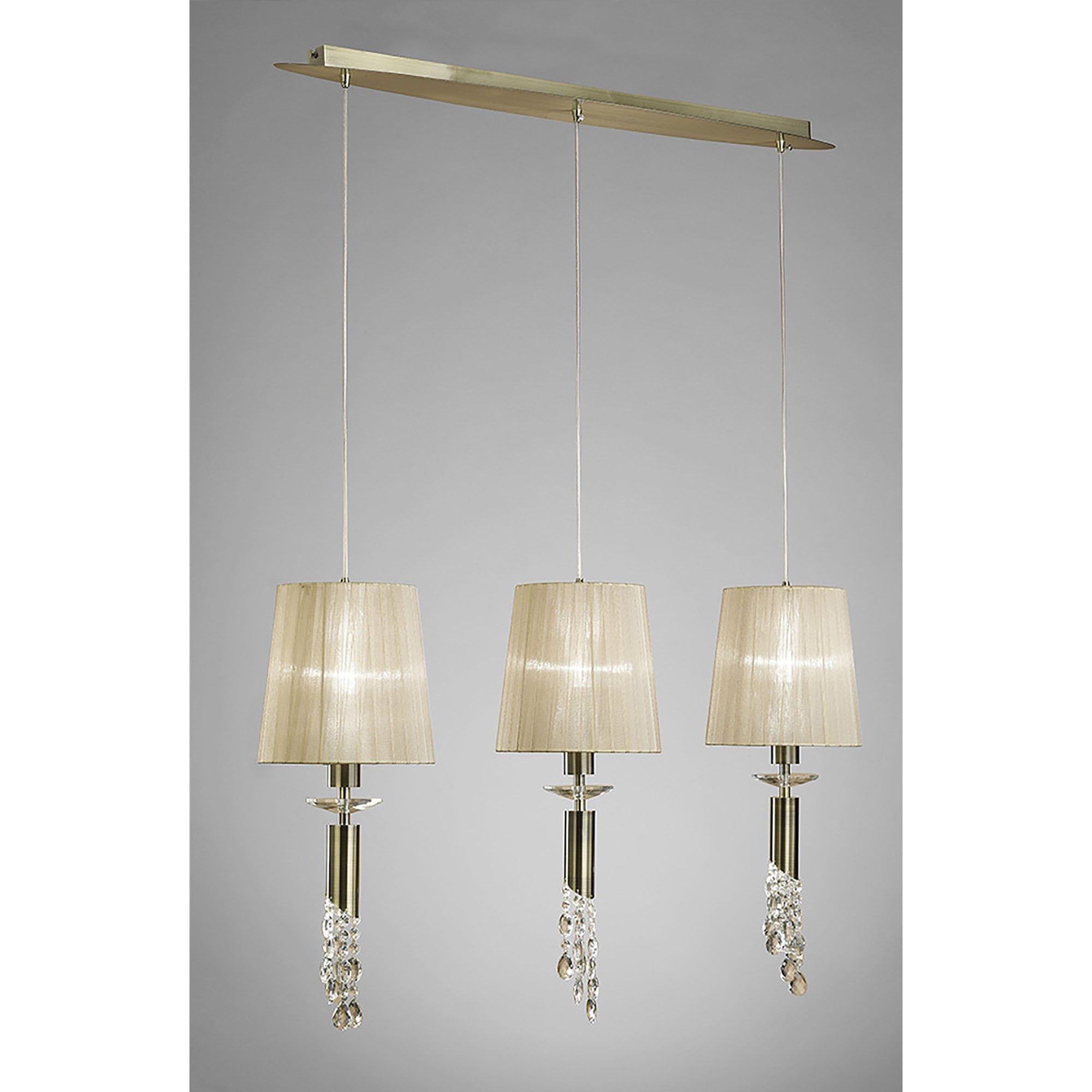 M3875 Tiffany Linear Pendant 3+3 Light E27+G9 Line Antique Brass Soft Bronze Shades & Clear Crystal