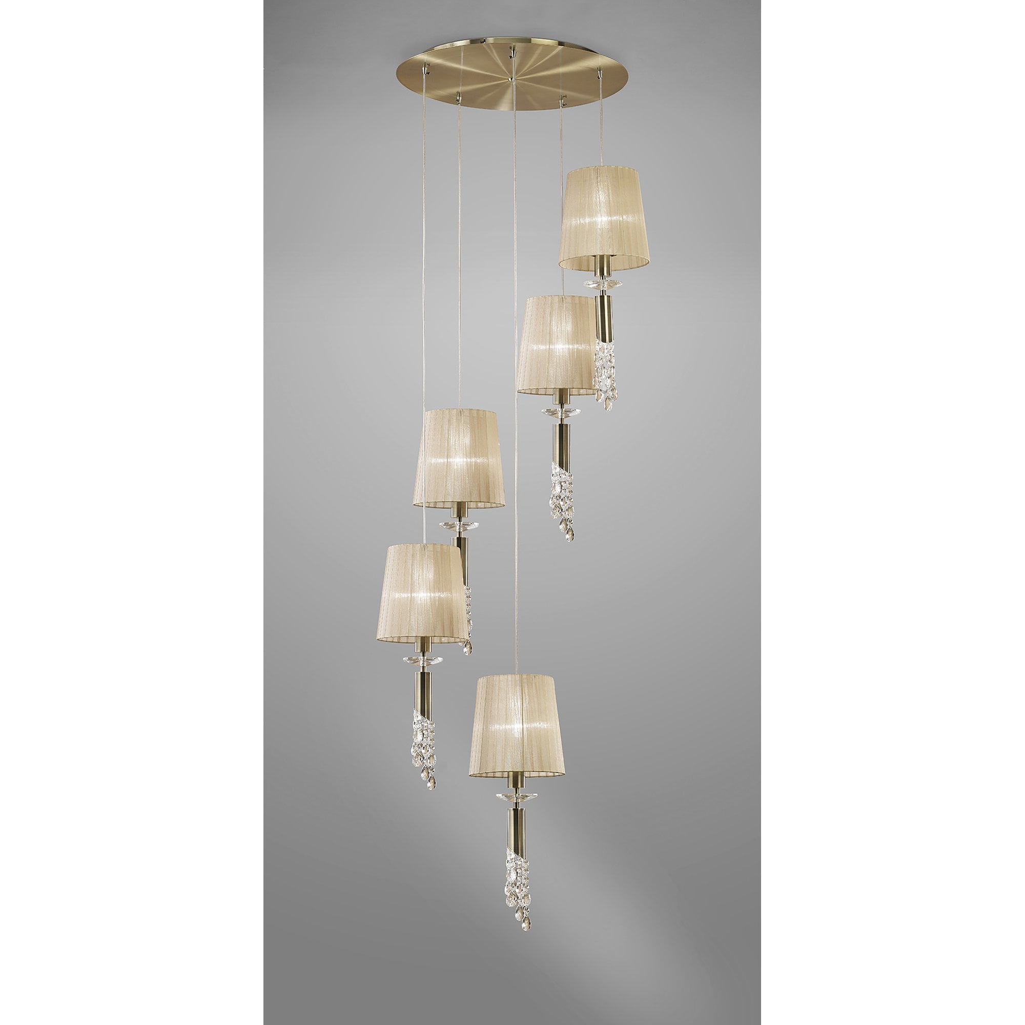 M3877 Tiffany Pendant 5+5 Light E27+G9 Spiral Antique Brass Soft Bronze Shades & Clear Crystal