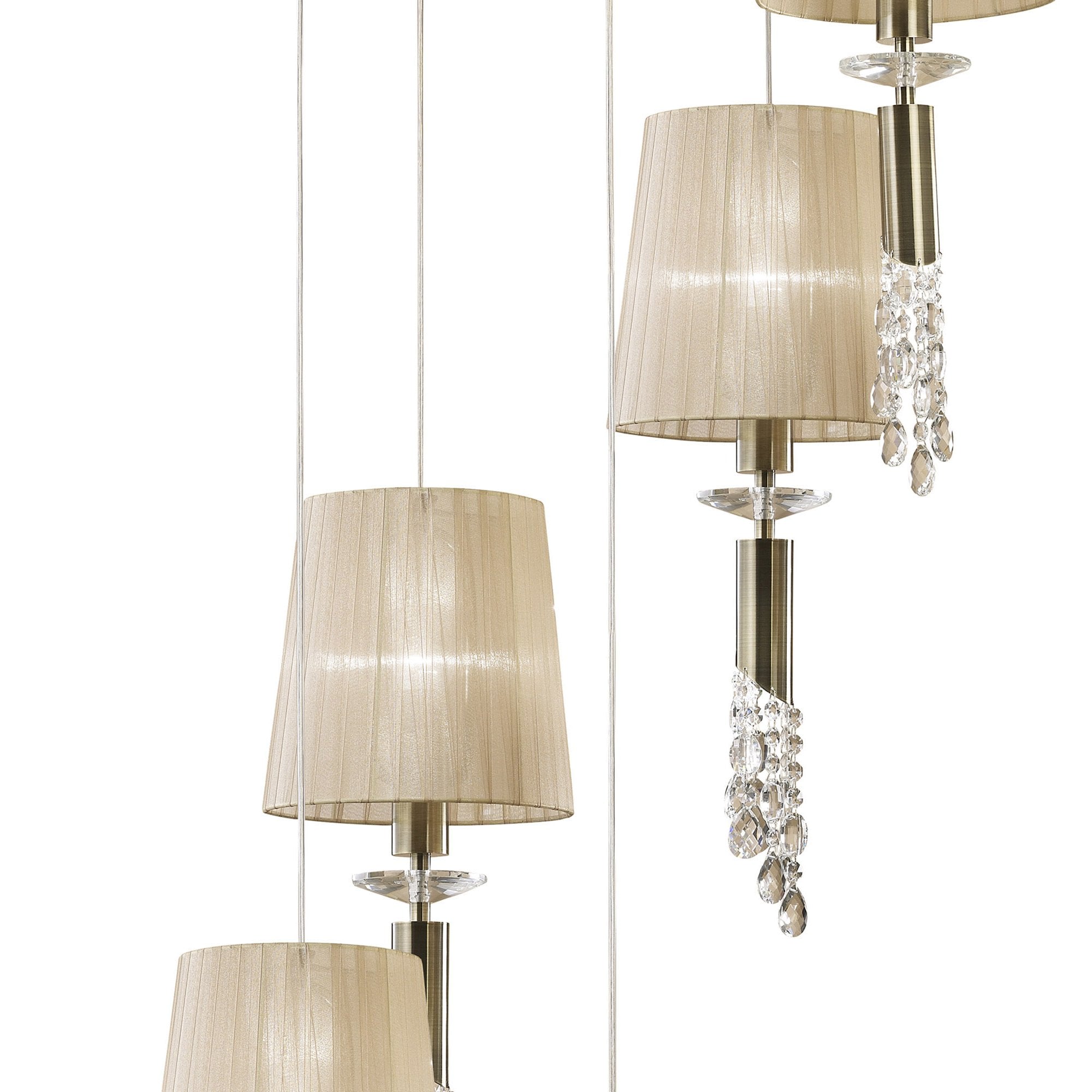 M3877 Tiffany Pendant 5+5 Light E27+G9 Spiral Antique Brass Soft Bronze Shades & Clear Crystal