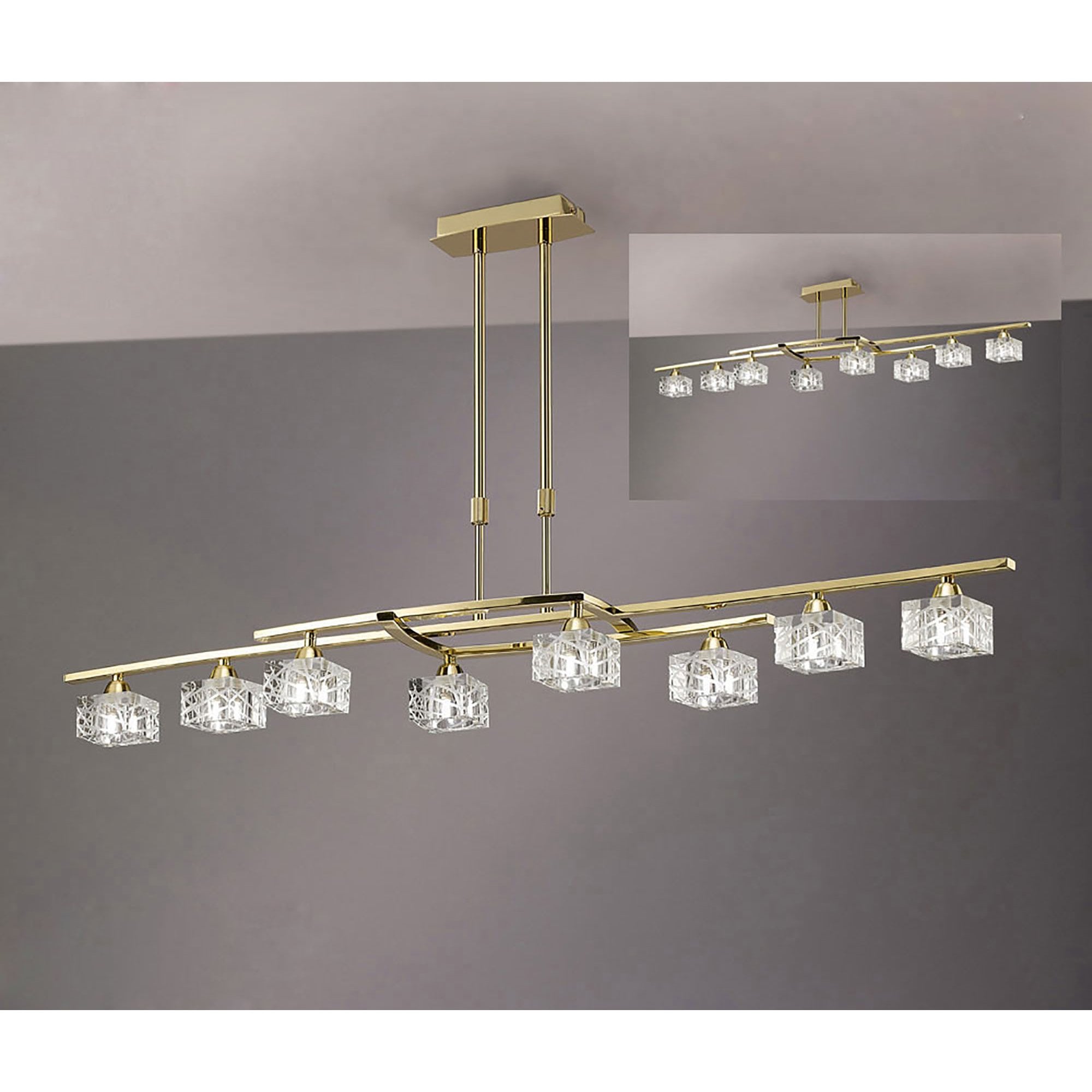 M1444PB Zen Rectangular Telescopic Convertible To Semi Flush 8 Light G9 Polished Brass