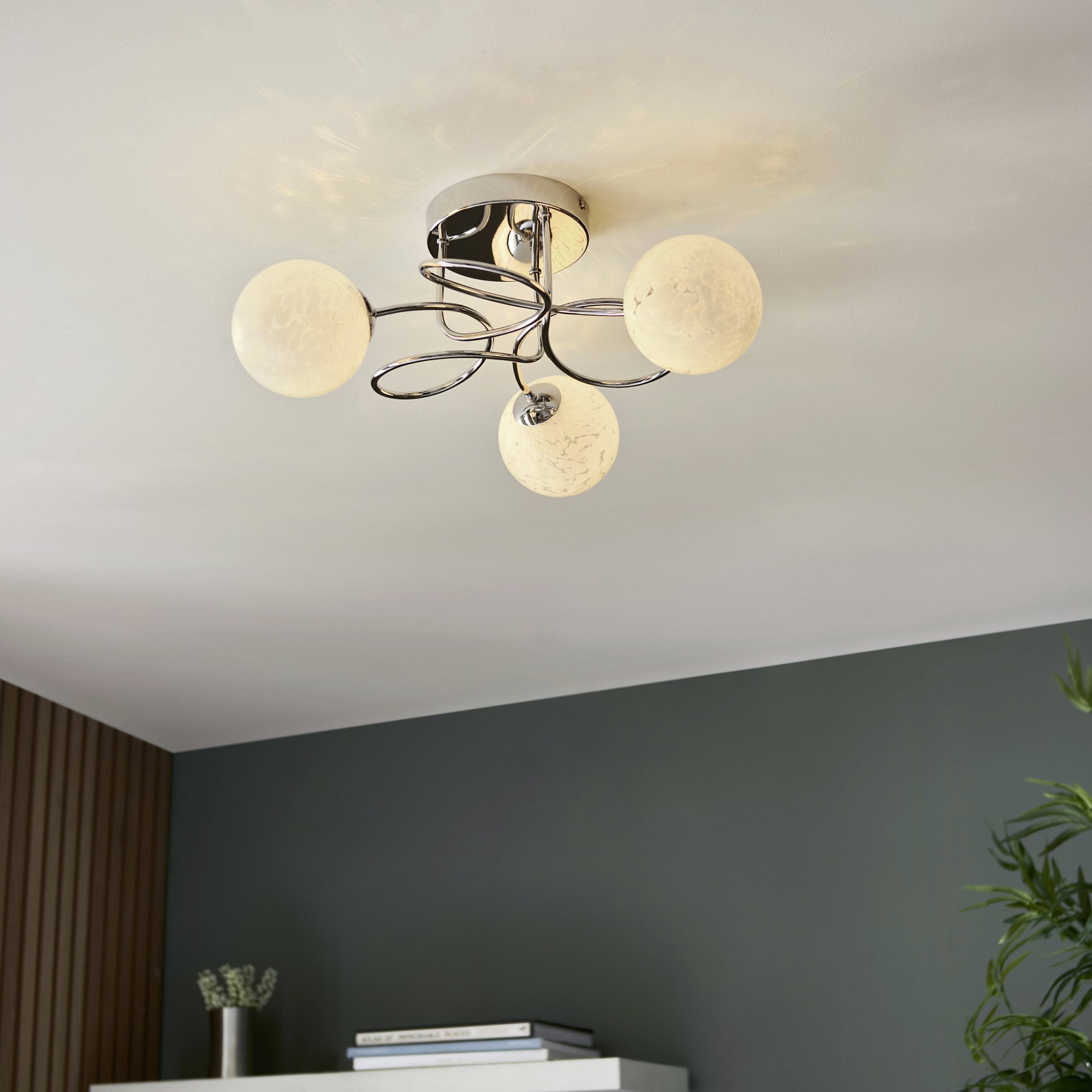 96641 Delos 3 Light Semi Flush Chrome Plate And White Confetti Glass