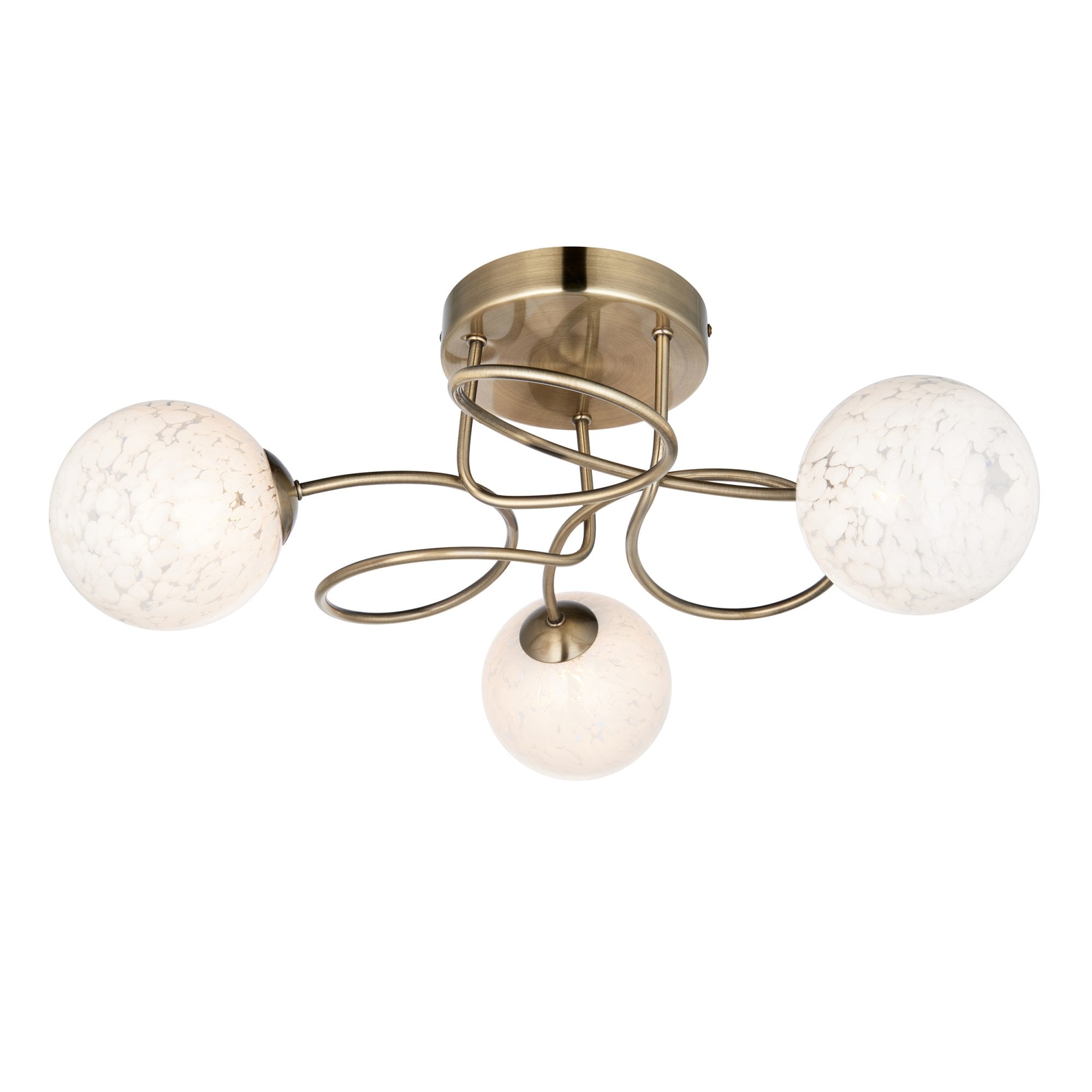 97647 Delos 3 Light Semi Flush Antique Brass Plate And White Confetti Glass