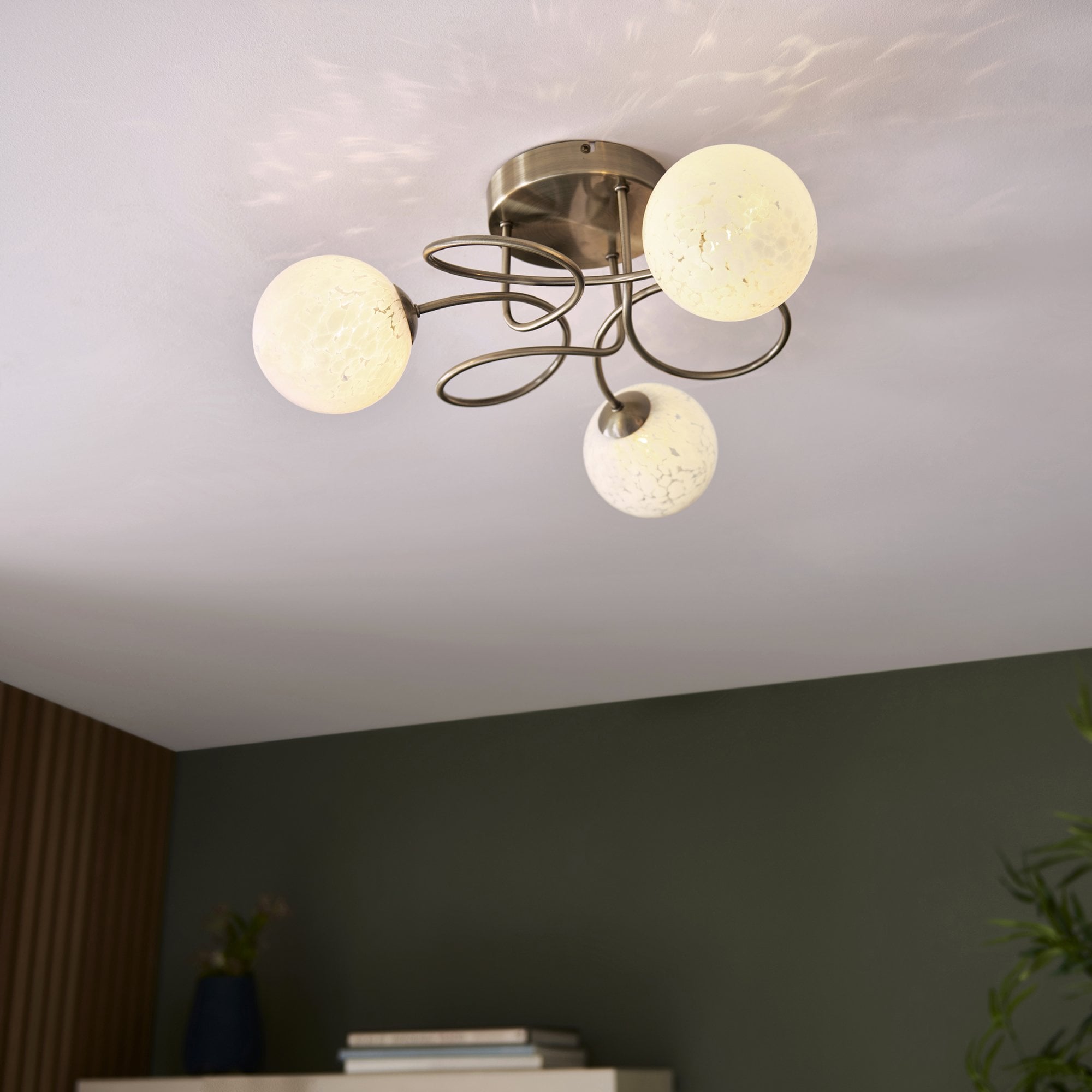97647 Delos 3 Light Semi Flush Antique Brass Plate And White Confetti Glass