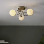 97647 Delos 3 Light Semi Flush Antique Brass Plate And White Confetti Glass