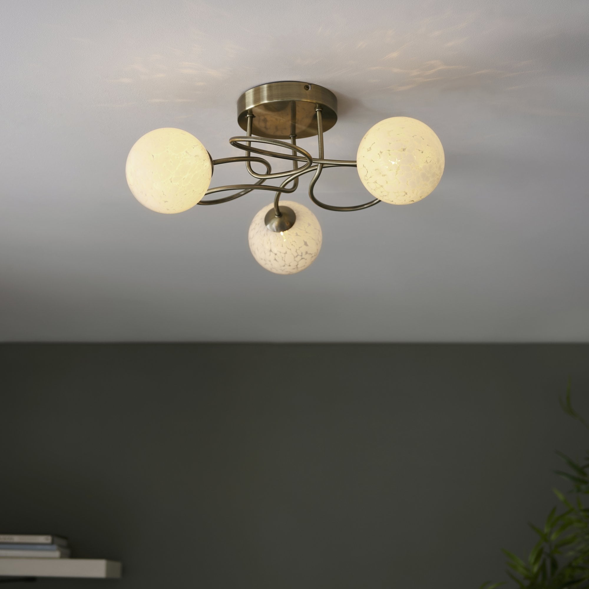 97647 Delos 3 Light Semi Flush Antique Brass Plate And White Confetti Glass