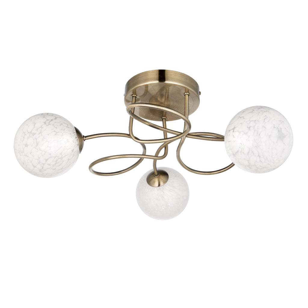 97647 Delos 3 Light Semi Flush Antique Brass Plate And White Confetti Glass