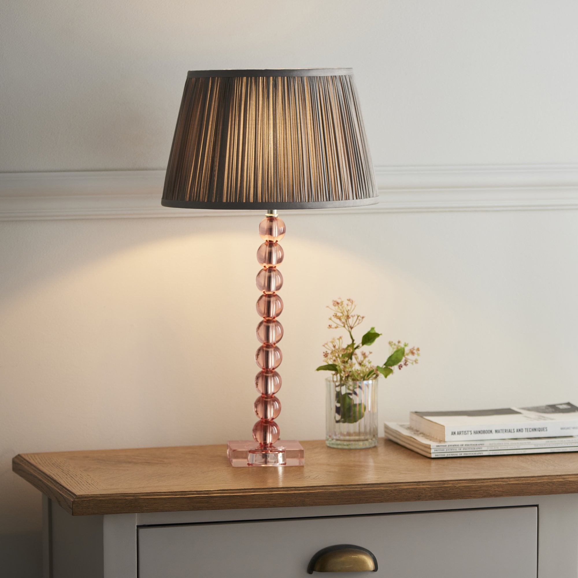 100353 Adelie And Freya 1 Light Table Lamp Blush Crystal Glass And Charcoal Grey Silk