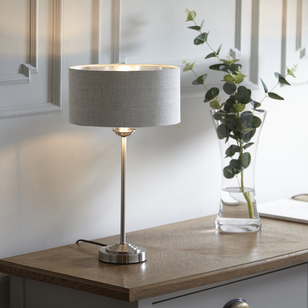 100646 Highclere 1 Light Table Lamp Brushed Chrome Plate And Natural Linen