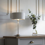 100646 Highclere 1 Light Table Lamp Brushed Chrome Plate And Natural Linen