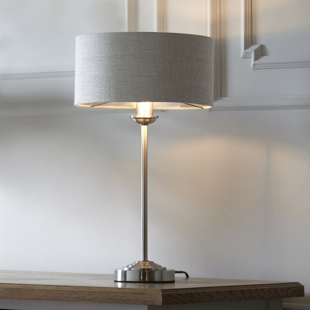 100646 Highclere 1 Light Table Lamp Brushed Chrome Plate And Natural Linen