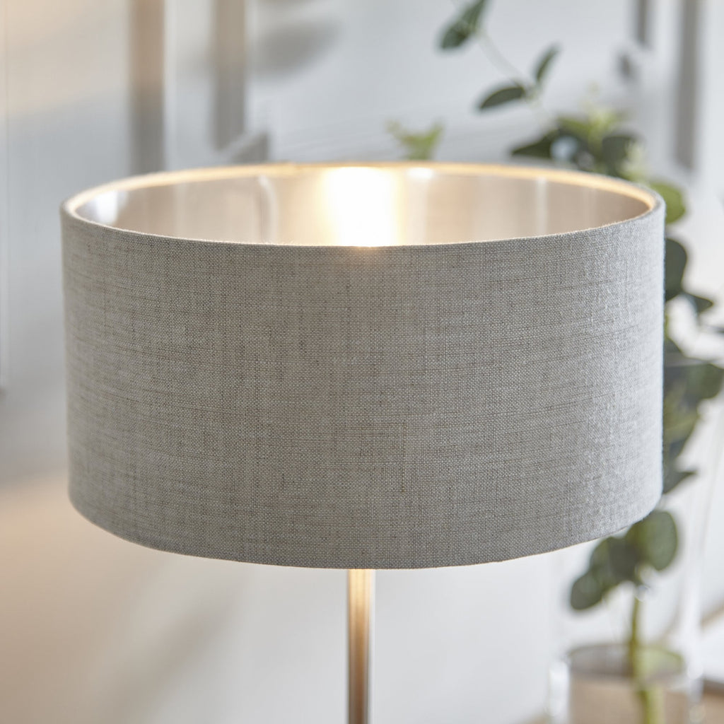 100646 Highclere 1 Light Table Lamp Brushed Chrome Plate And Natural Linen