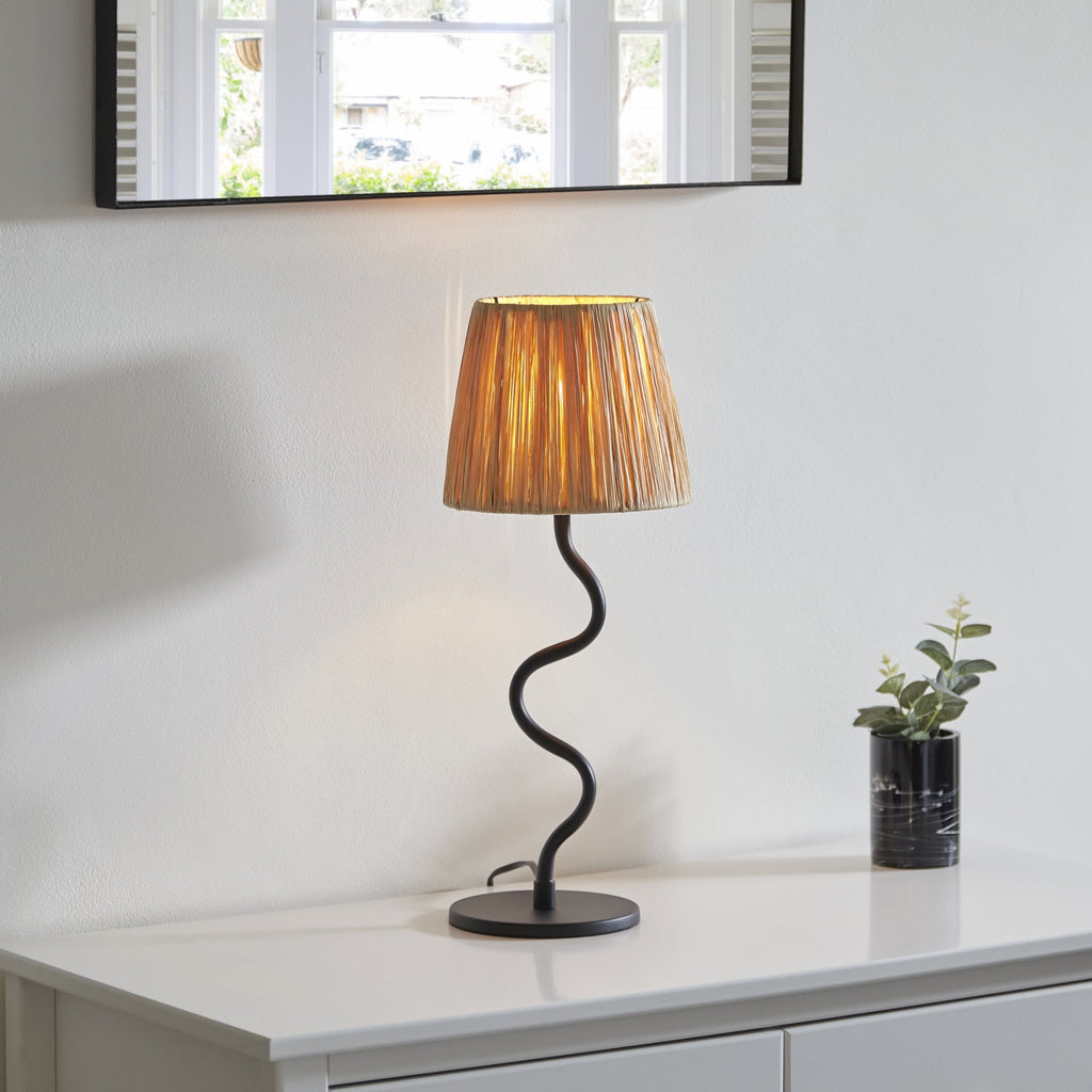 100958 Wriggle 1 Light Table Lamp Matt Black And Natural Raffia