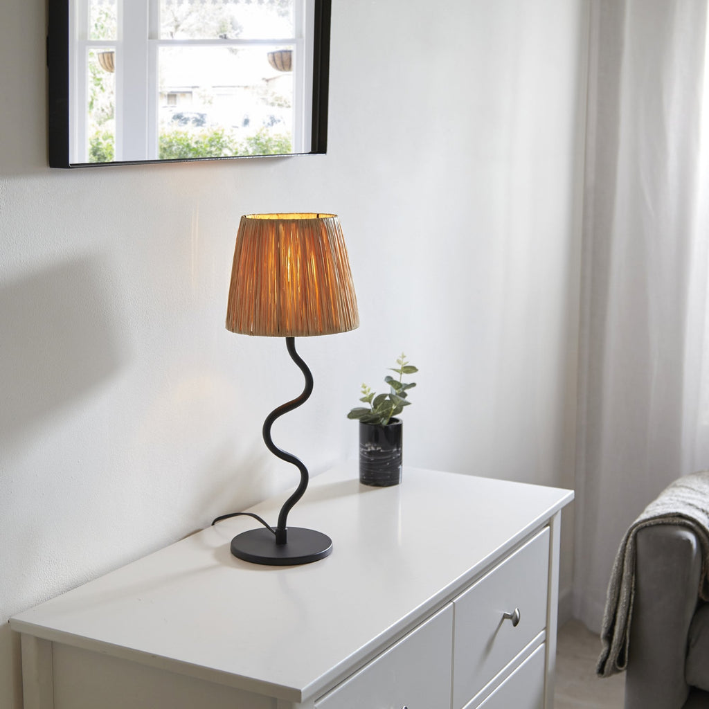 100958 Wriggle 1 Light Table Lamp Matt Black And Natural Raffia