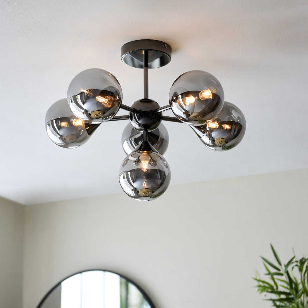 101148 Oscar 6 Light Semi Flush Black Chrome Plate And Smoked Mirror Glass