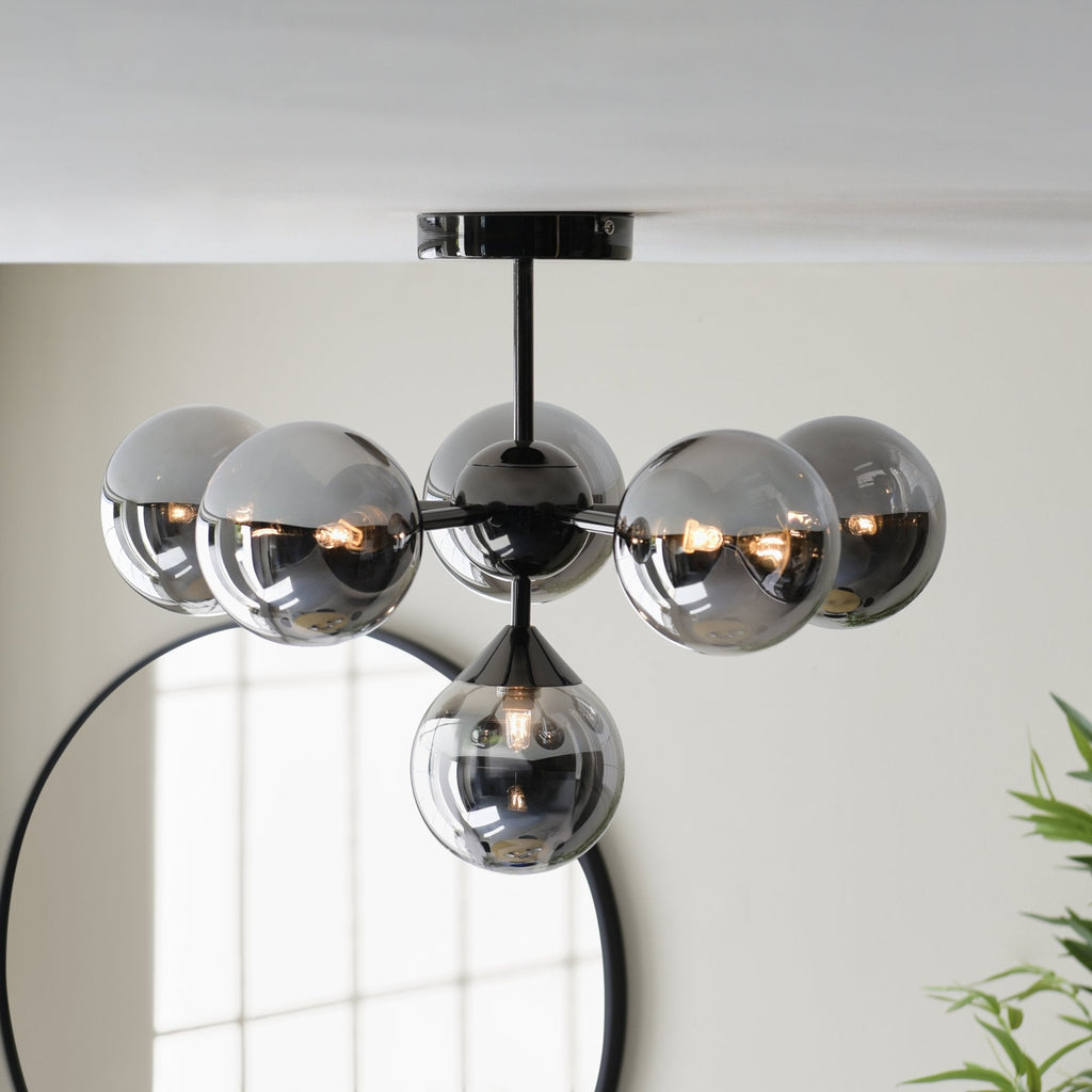 101148 Oscar 6 Light Semi Flush Black Chrome Plate And Smoked Mirror Glass