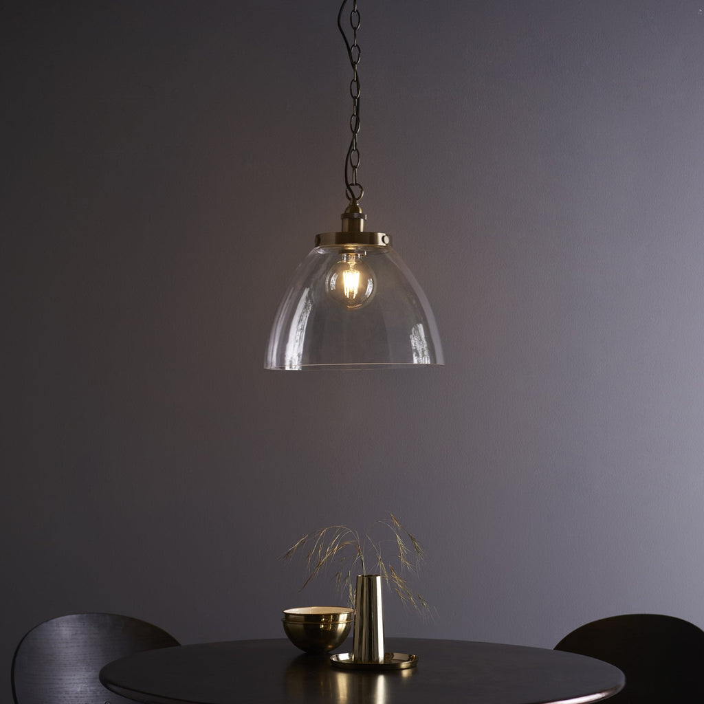102926 Hansen Grand 1 Light Pendant Antique Brass Plate And Clear Glass