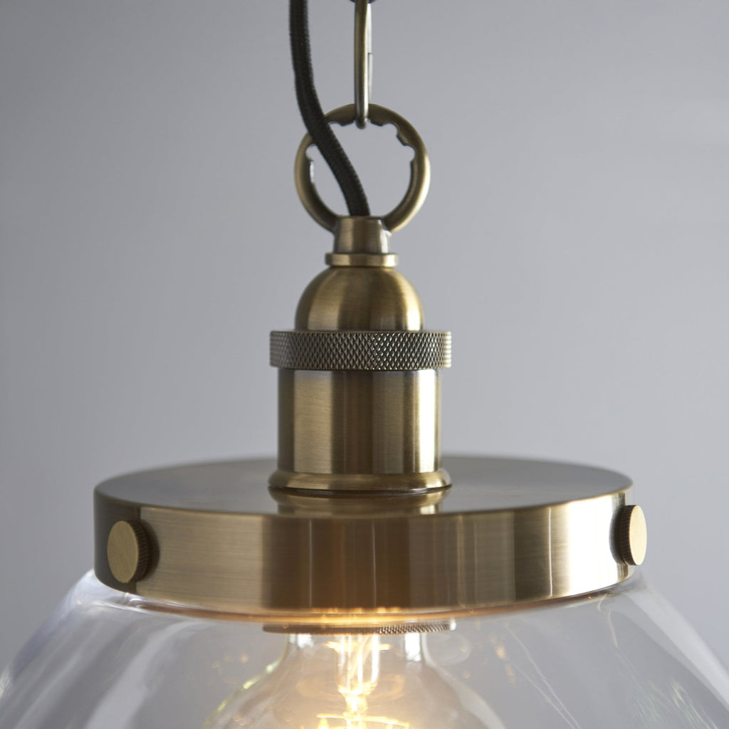 102926 Hansen Grand 1 Light Pendant Antique Brass Plate And Clear Glass