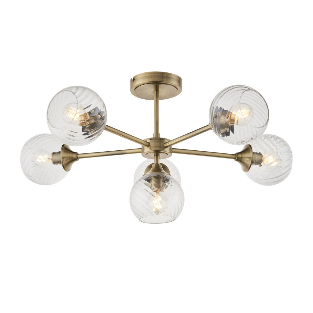 103171 Allegra 6 Light Semi Flush Antique Brass Plate And Clear Spiral Glass