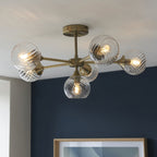 103171 Allegra 6 Light Semi Flush Antique Brass Plate And Clear Spiral Glass
