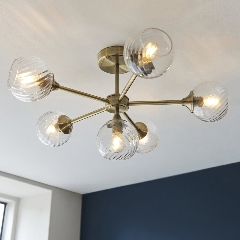 103171 Allegra 6 Light Semi Flush Antique Brass Plate And Clear Spiral Glass