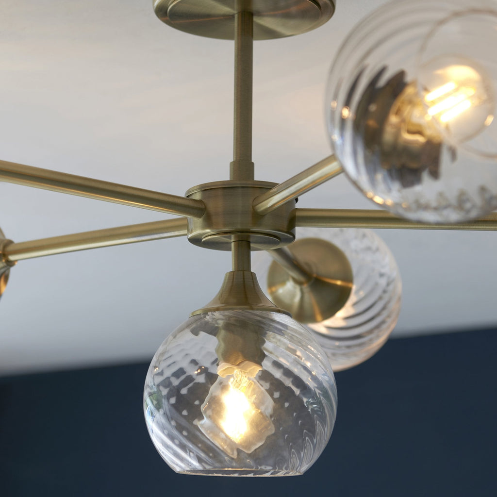 103171 Allegra 6 Light Semi Flush Antique Brass Plate And Clear Spiral Glass