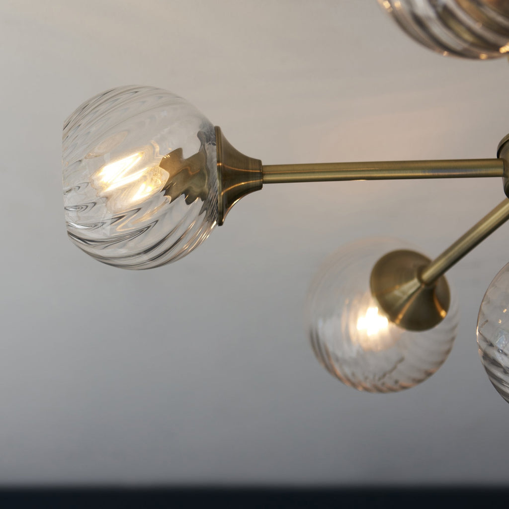 103171 Allegra 6 Light Semi Flush Antique Brass Plate And Clear Spiral Glass