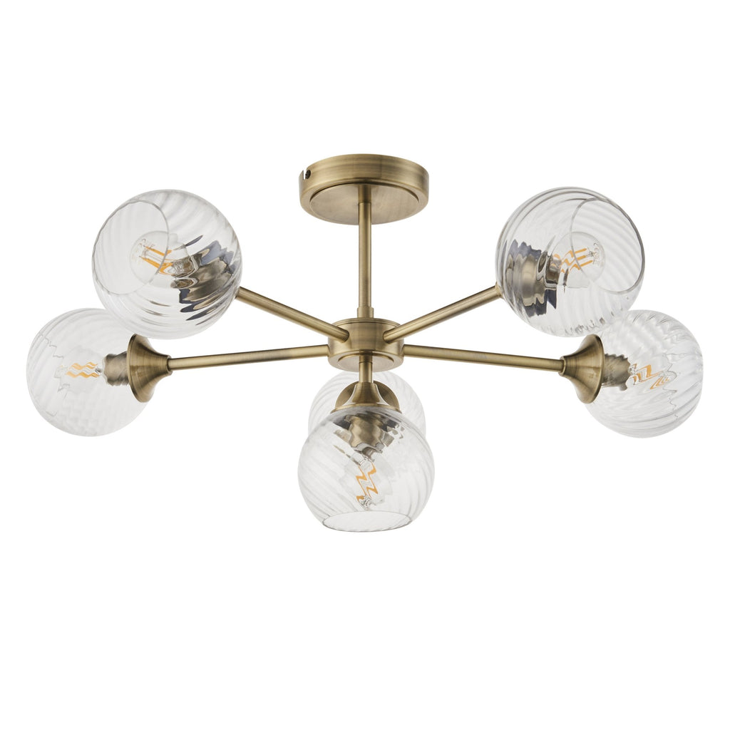 103171 Allegra 6 Light Semi Flush Antique Brass Plate And Clear Spiral Glass