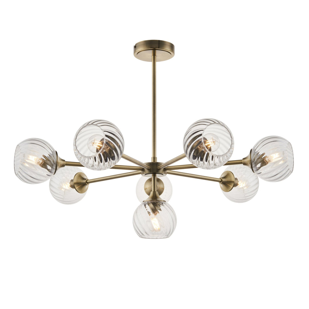 103172 Allegra 8 Light Pendant Antique Brass Plate And Clear Spiral Glass