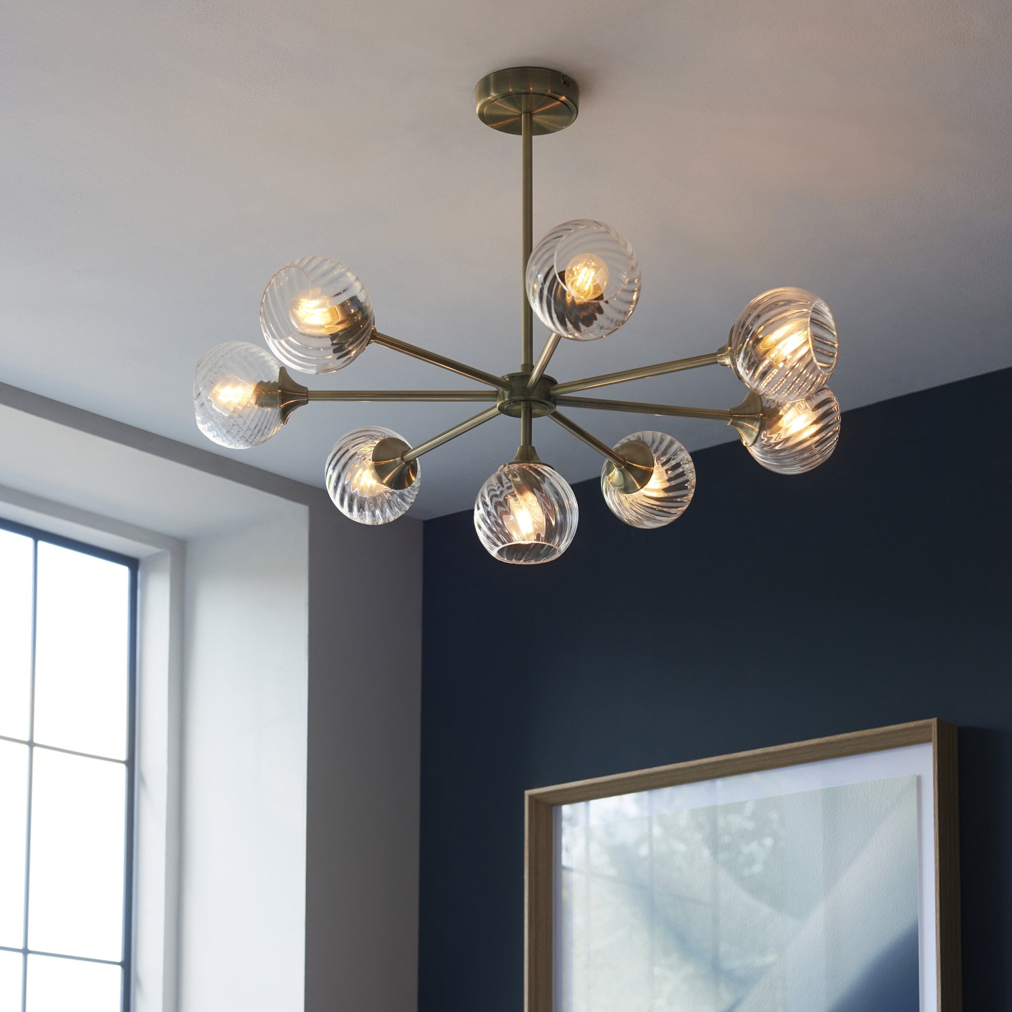 103172 Allegra 8 Light Pendant Antique Brass Plate And Clear Spiral Glass