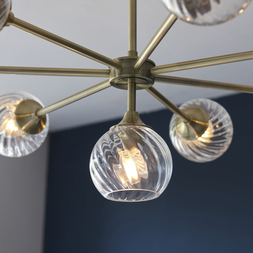 103172 Allegra 8 Light Pendant Antique Brass Plate And Clear Spiral Glass