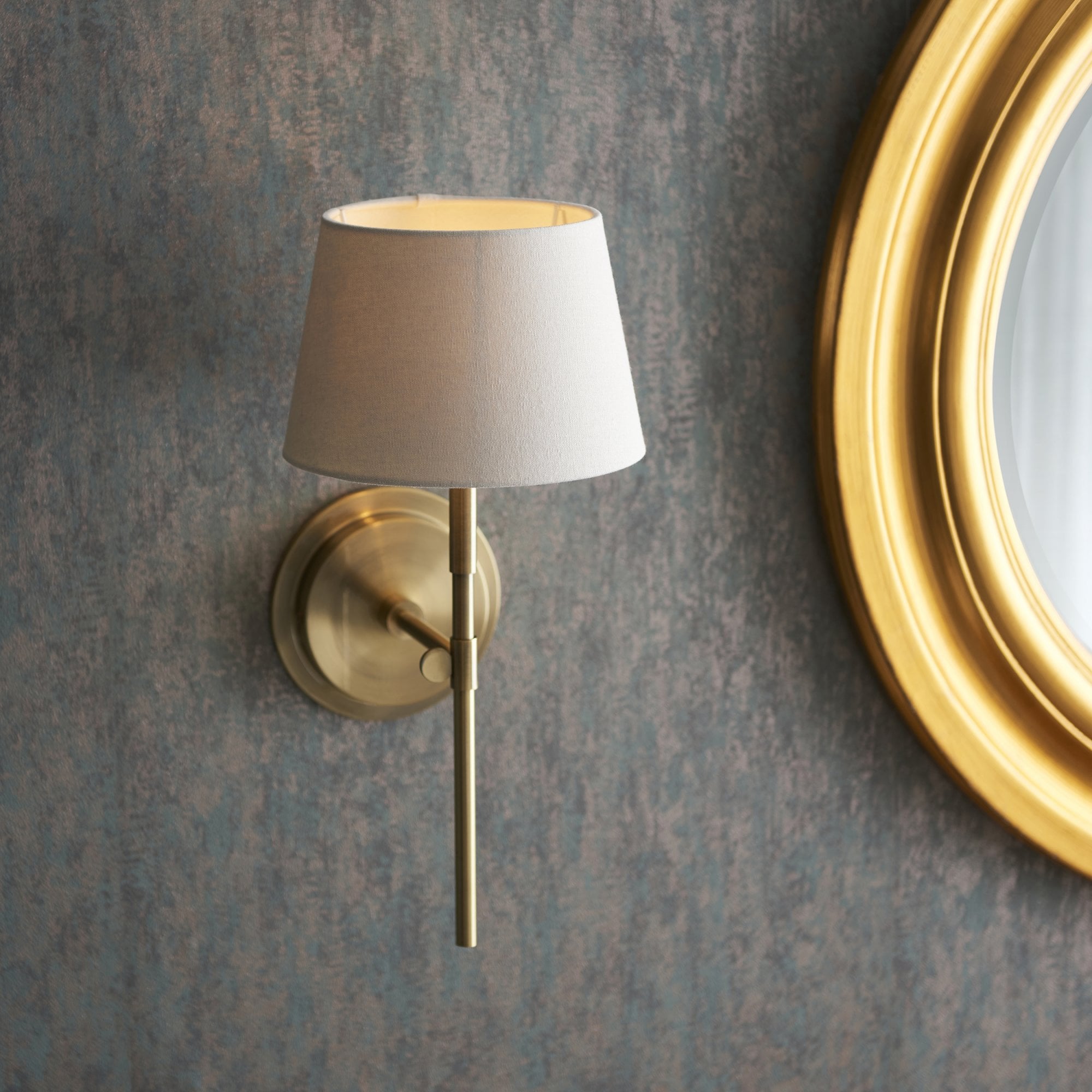 103355 Rennes And Cici 1 Light Wall Antique Brass Plate And Ivory Linen Mix Fabric