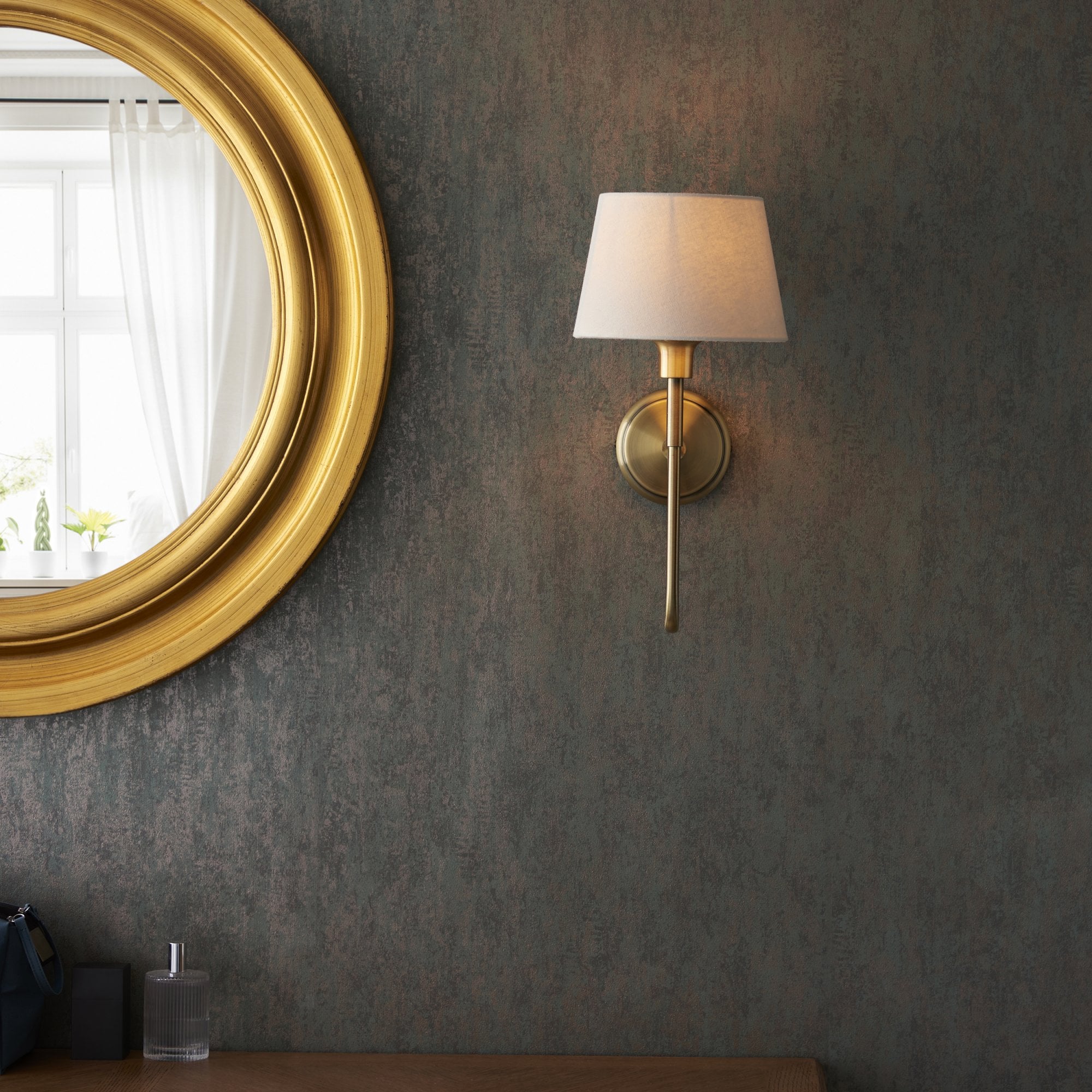 103362 Rouen And Cici 1 Light Wall Antique Brass Plate And Ivory Linen Mix Fabric