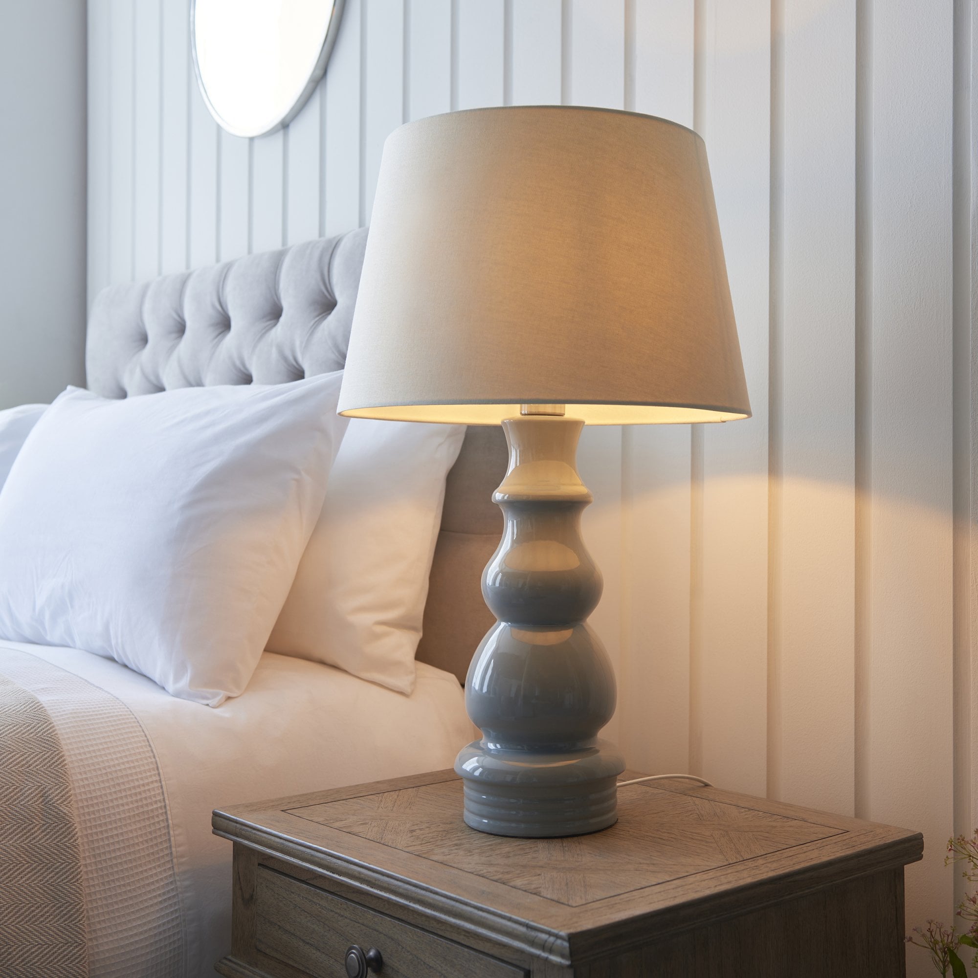 103369 Provence And Cici 1 Light Table Lamp Blue Grey Satin Nickel Plate And Ivory Linen Fabric