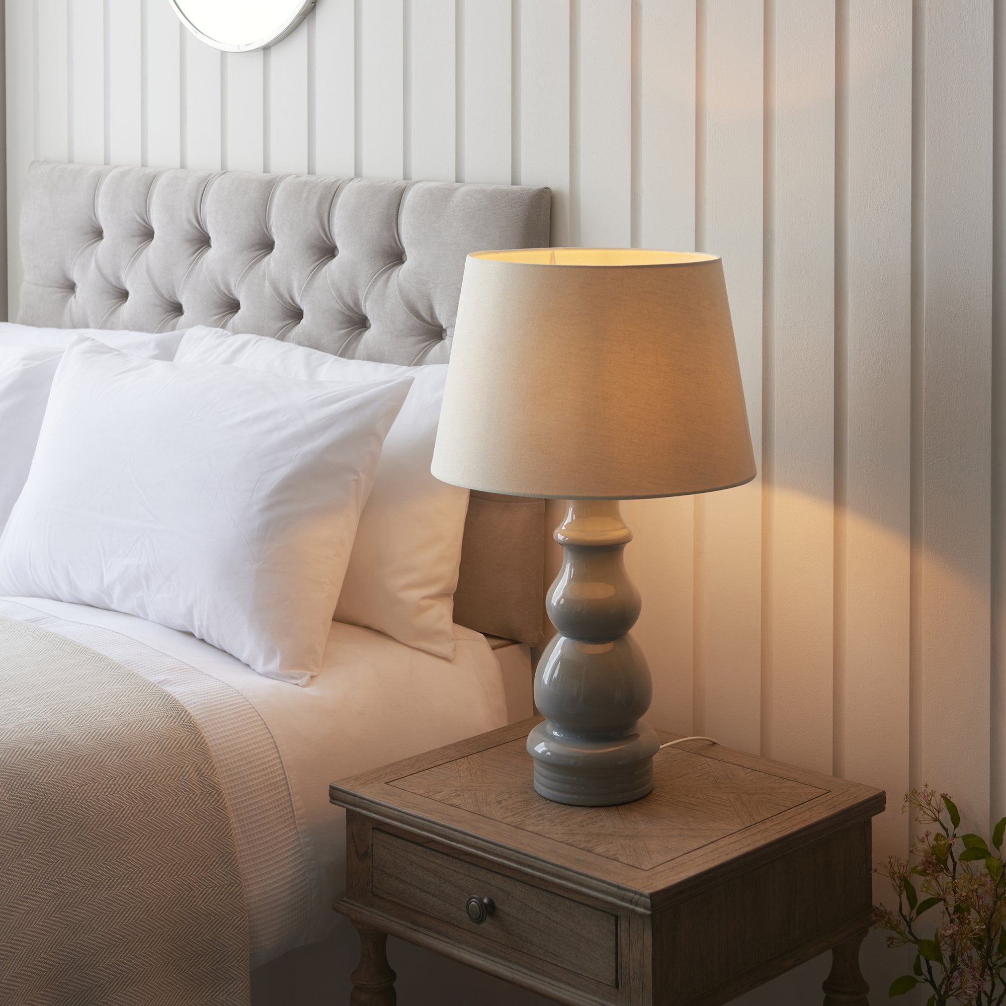 103369 Provence And Cici 1 Light Table Lamp Blue Grey Satin Nickel Plate And Ivory Linen Fabric