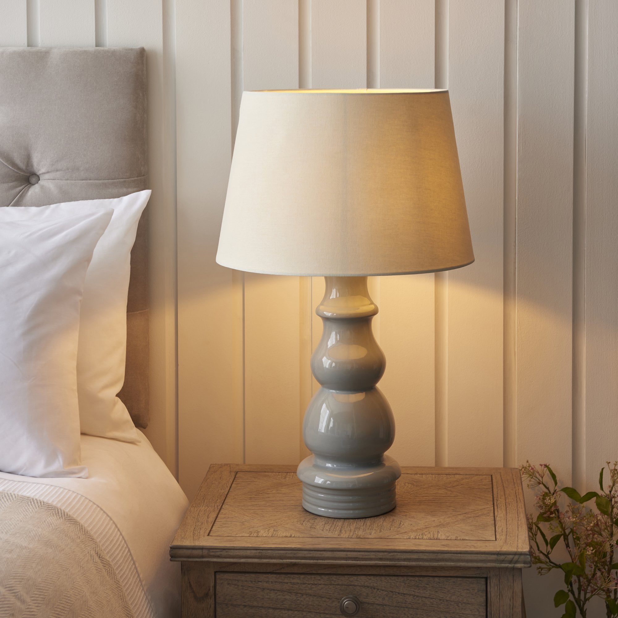 103369 Provence And Cici 1 Light Table Lamp Blue Grey Satin Nickel Plate And Ivory Linen Fabric