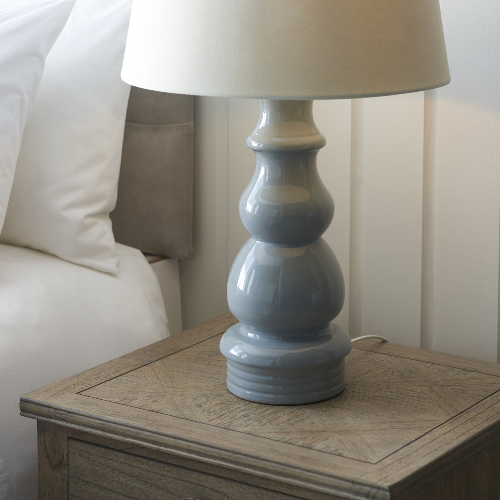 103369 Provence And Cici 1 Light Table Lamp Blue Grey Satin Nickel Plate And Ivory Linen Fabric