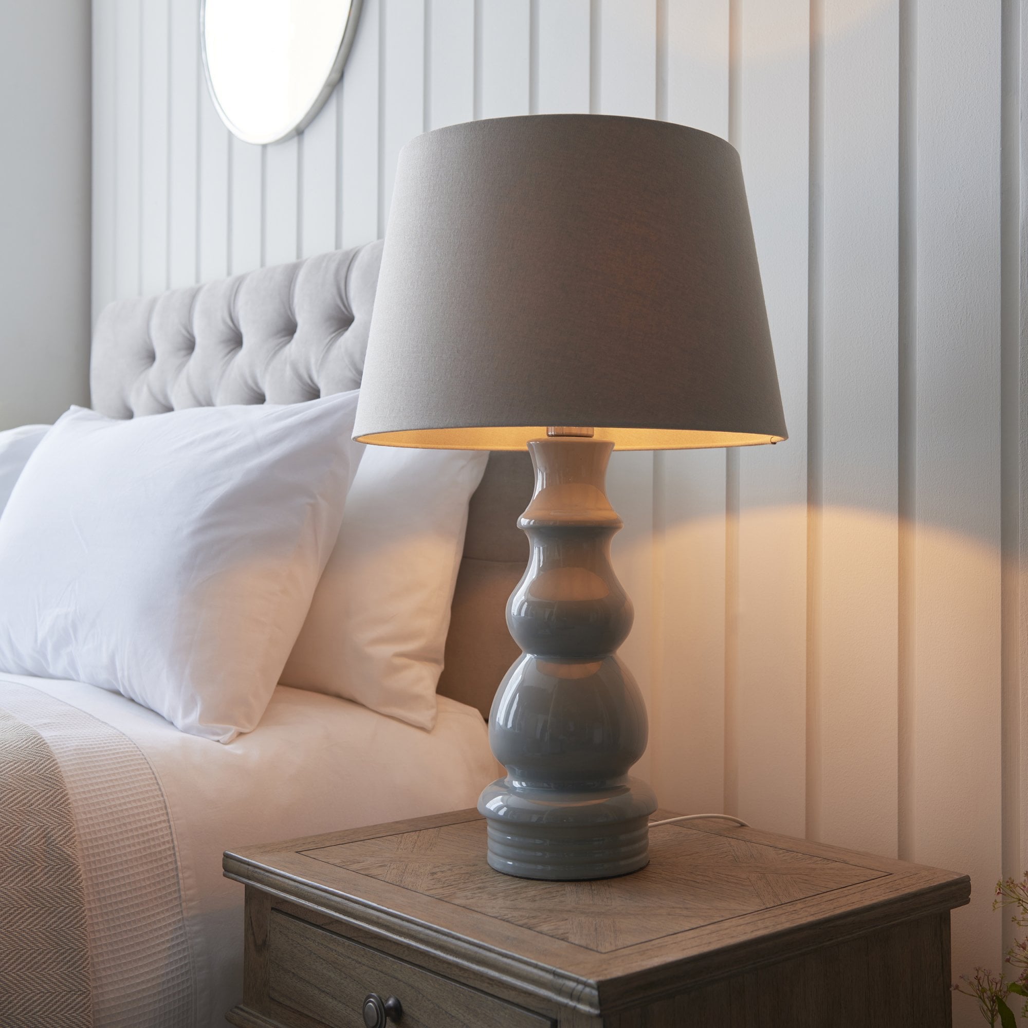 103375 Provence And Cici 1 Light Table Lamp Blue Grey Satin Nickel Plate And Grey Linen Fabric