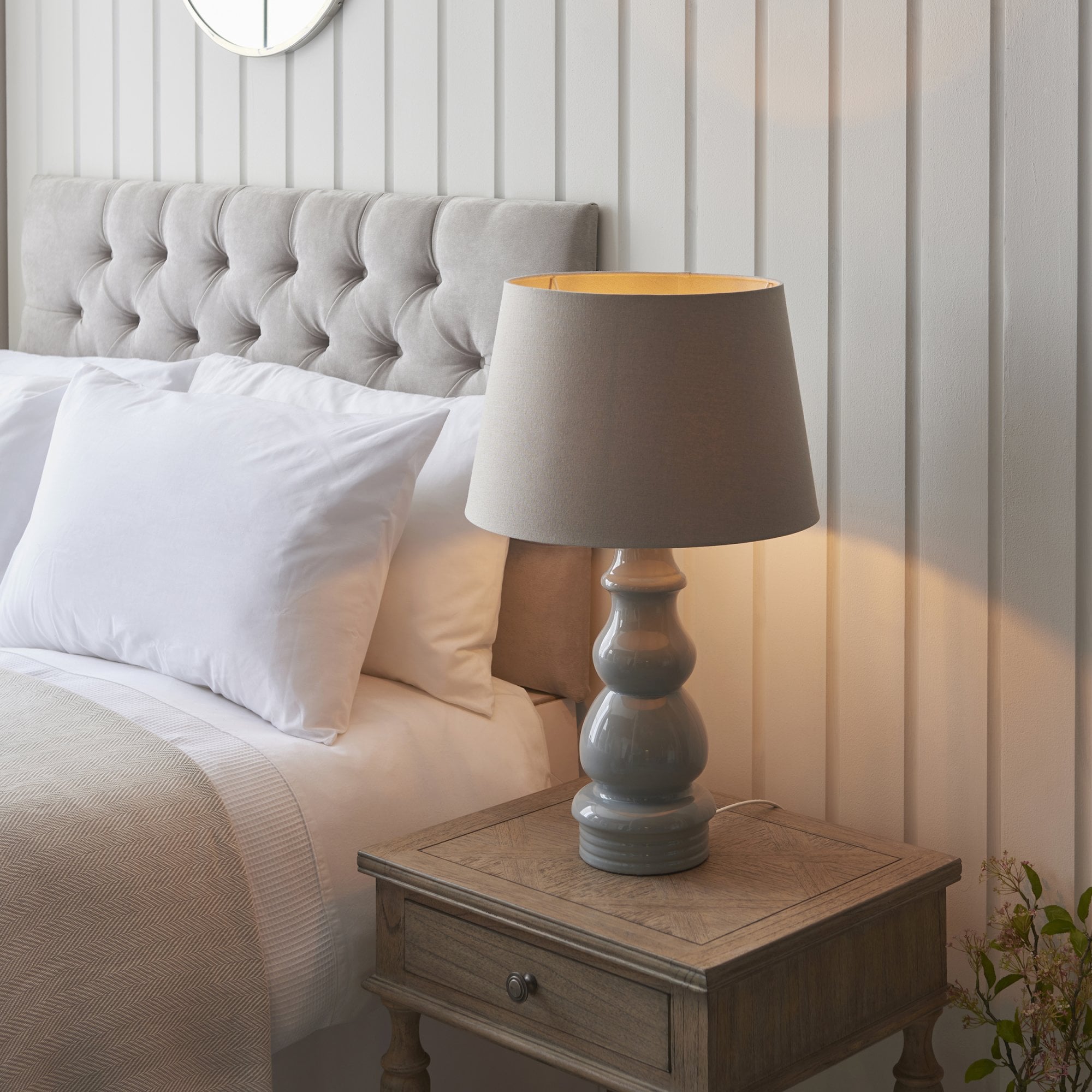 103375 Provence And Cici 1 Light Table Lamp Blue Grey Satin Nickel Plate And Grey Linen Fabric