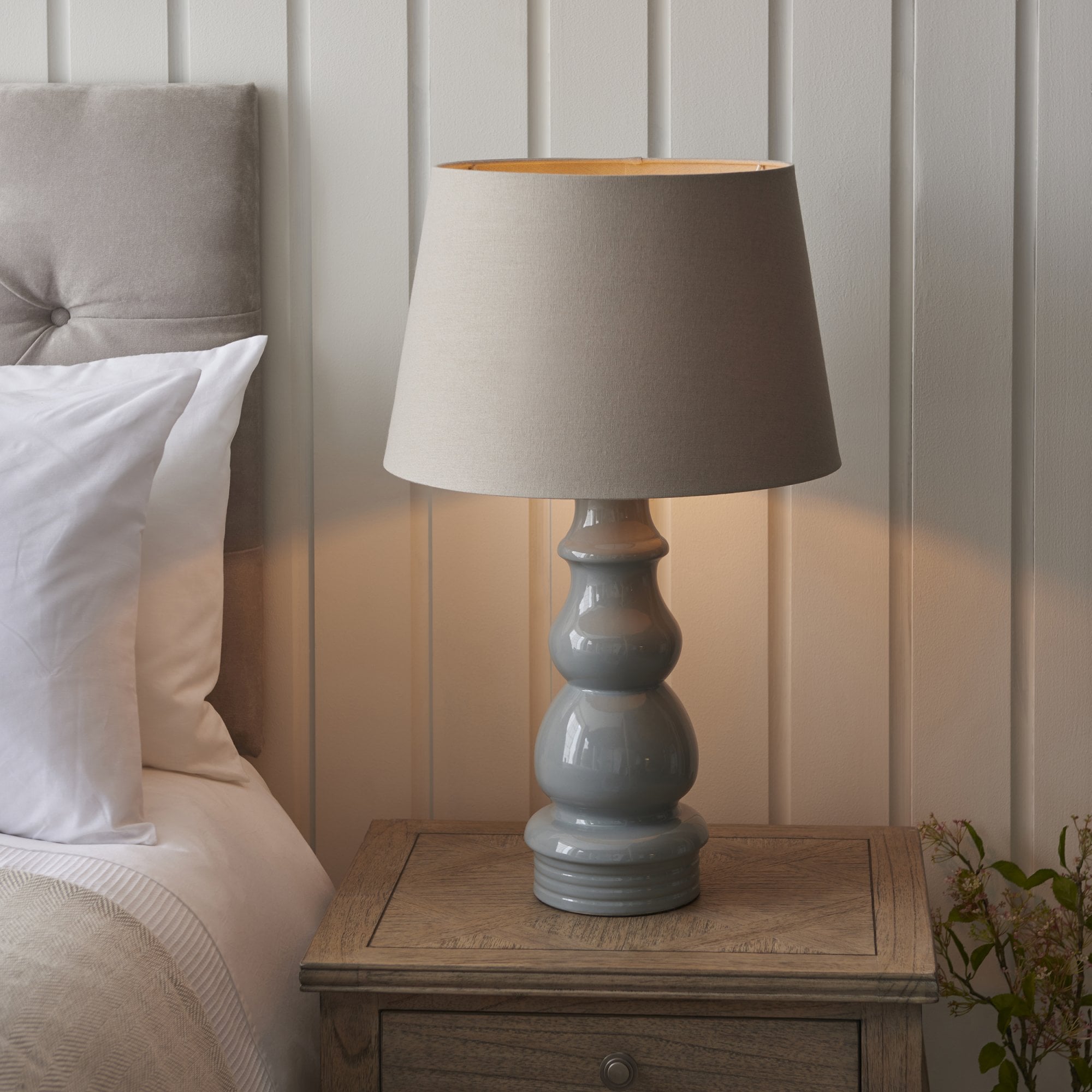 103375 Provence And Cici 1 Light Table Lamp Blue Grey Satin Nickel Plate And Grey Linen Fabric
